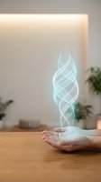 Hands holding glowing turquoise energy spiral in modern interior space representing healing power wellness meditation and spiritual transformation.