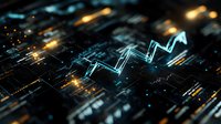 Glowing blue stock market chart rises against dark digital background with golden light effects and data visualization elements for financial concept.