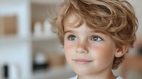 Young child with curly blonde hair and bright blue eyes smiling gently at camera, showing natural expression against soft blurred background in warm tones.