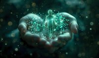 Glowing human silhouette floating above cupped hands with magical sparkles and light particles in dark turquoise mystical atmosphere, concept of life creation.