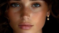 Young woman with natural freckles, brown eyes and glowing skin wearing delicate gold earrings in dramatic lighting, close-up beauty portrait showing fresh natural makeup.