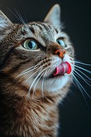 Adorable tabby cat licking lips with pink tongue showing, close-up portrait with striking green eyes and detailed whiskers against dark background.