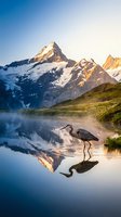 Majestic snow-capped mountain peaks reflected in serene alpine lake with grey heron wading at sunrise creating perfect mirror reflection in pristine wilderness landscape.