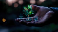 Futuristic hologram of green glowing city skyline floating above open palm with digital icons, representing smart city technology and urban innovation.