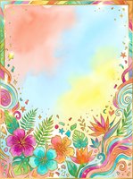 Colorful floral frame with rainbow swirls, tropical flowers, and confetti on watercolor background. Isolated design element ready for greeting cards, invitations, posters, and children's projects.