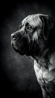 Majestic mastiff dog portrait in dramatic black and white photography with moody lighting and dark background for pet and animal themed designs.