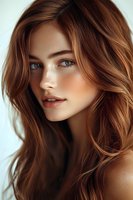 Young woman with auburn hair, blue eyes and freckles against light background, showcasing natural beauty for cosmetic advertising.