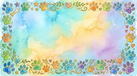 Watercolor gradient background with pastel colors transitioning from turquoise to yellow and lavender, framed by colorful paw prints and botanical elements. Suitable for pet-related designs, greeting cards, and children's projects.