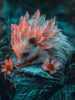 Magical hedgehog with crystal quartz spikes in coral pink color resting among flowers on turquoise stone in enchanted forest setting with dreamy atmosphere.