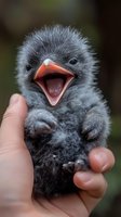 Adorable baby bird with open beak and fluffy gray feathers held gently in human hands, showing playful expression and natural wildlife care in macro photography.
