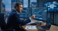 Professional businessman analyzing financial data on multiple monitors in modern office with city skyline view during evening hours.