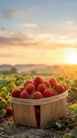 Fresh ripe strawberries in wooden basket at sunset on farm field with golden hour lighting and mountain landscape background for harvest season.