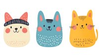 Cute cartoon cats with simple geometric shapes and pastel colors isolated on white background for children design and decoration projects.