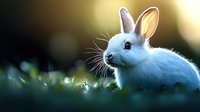 White baby bunny sitting in green grass at sunset with soft bokeh background and magical atmosphere. Perfect for Easter cards and spring designs.