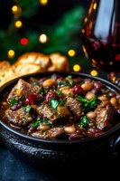 Hearty beef stew with cranberries and white beans garnished with fresh herbs, served in rustic bowl against festive holiday lights and red wine.