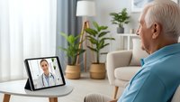 Senior Caucasian man having video call consultation with female doctor on tablet at home. Telemedicine healthcare technology for elderly patients.