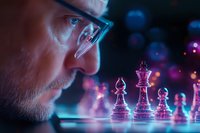 Caucasian male in glasses observes glowing glass chess pieces on board with dramatic neon lighting creating mystical atmosphere in dark setting. Strategic gameplay concept.