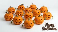 Group of carved orange pumpkins with jack-o-lantern faces and green stems isolated on white background for seasonal holiday designs and decorations.