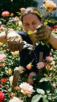 Happy female gardener pruning colorful roses in sunny garden wearing protective gloves and using pruning shears for flower maintenance and landscaping work.