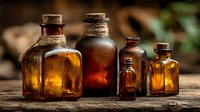 Vintage amber glass apothecary bottles with cork stoppers arranged on rustic wooden surface for natural medicine and herbal remedy storage concepts.