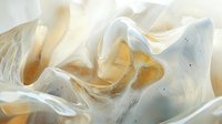 Flowing white and golden fabric with soft translucent texture creating elegant waves and folds for luxury fashion and textile design projects.