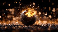 Dramatic explosion of dark sphere with fire and sparks against dark background with bokeh lights, creating magical atmosphere for fantasy and action designs.