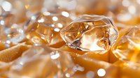 Sparkling amber crystals with transparent facets catching light, creating warm golden reflections against soft textured background.