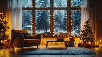 Cozy winter living room with panoramic snowy forest view, decorated Christmas trees, string lights, armchair and gifts creating warm holiday atmosphere.