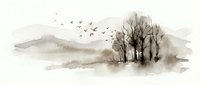 Serene watercolor landscape with bare trees, flying birds and misty mountains in soft brown tones on white background, isolated for design projects.