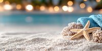 Starfish and coral on white sand beach with blue towel against blurred swimming pool and bokeh lights background, summer vacation concept.