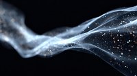 Abstract flowing wave with golden particles and smoke effects on black background for digital art and motion graphics projects.