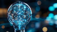 Glowing light bulb with blue digital network connections and dots inside on dark background with bokeh lights, symbolizing innovation and technology.
