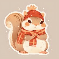 Adorable squirrel wearing winter knit hat and striped scarf on beige background, cartoon style illustration with white outline sticker design for seasonal greeting cards.