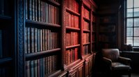 Classic wooden library with rows of antique leather-bound books on shelves, warm moody lighting, elegant study room interior with vintage armchair.