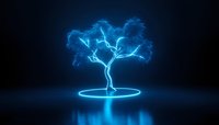 Glowing blue neon tree silhouette with luminous branches reflecting on dark surface, futuristic nature concept for technology and environmental designs.