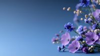 Delicate purple and blue wildflowers against blurred blue background create dreamy spring atmosphere with soft focus and bokeh effect for romantic floral design.
