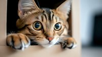Curious Bengal cat with bright blue eyes peeking over edge, paws visible, showing playful hunting behavior in close-up portrait against blurred background.