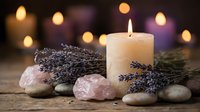 Spa wellness scene with burning candle, lavender sprigs, rose quartz crystals and smooth stones on wooden surface with warm bokeh lights background.