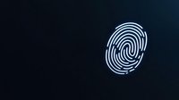 White fingerprint icon on dark blue background for security, identity verification, biometric authentication and digital access control applications.