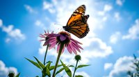 Monarch butterfly perched on purple coneflower against blue sky with white clouds, nature and pollinator wildlife photography for garden and environmental designs.