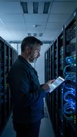 Middle-aged Caucasian IT administrator working on tablet in modern server room with glowing blue network cables and data center equipment for technology solutions.