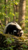 Striped skunk foraging on moss-covered log in natural forest habitat with green foliage background for wildlife and nature content.