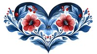 Decorative heart shape with red flowers and blue leaves in folk art style, symmetrical floral arrangement with berries and ornamental details on white background.