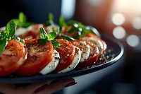 Fresh caprese salad with sliced tomatoes, mozzarella cheese and basil leaves on dark plate. Italian appetizer for restaurant menu and cooking blogs.
