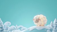 Cute white sheep standing on snowy hill with winter landscape and evergreen trees against turquoise sky, suitable for children's illustrations, greeting cards, and seasonal designs.