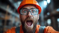 Surprised bearded construction worker in orange hardhat and safety glasses with shocked expression and open mouth against blurred industrial background.