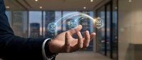 Businessman hand presenting digital customer satisfaction rating icons with Q1, Q2, Q3 quarters in modern office environment for business analytics.