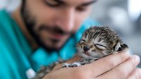 Young male veterinarian in medical scrubs holding and examining tiny newborn kitten with closed eyes during health checkup at veterinary clinic, showing care and attention.