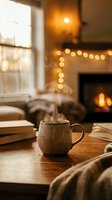Steaming hot coffee mug on wooden table in cozy living room with fireplace and warm bokeh lights creating hygge atmosphere for relaxation and comfort.