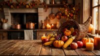 Autumn harvest cornucopia with pumpkins, apples and corn on rustic wooden table in cozy kitchen with warm candlelight for Thanksgiving decoration and seasonal design.